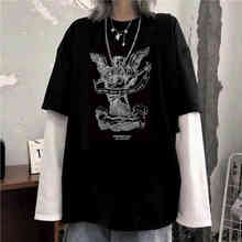 Nicemix, camiseta feminina listrada de manga longa, camiseta harajuku com retalhos e letras de anjo, gola redonda, casual, solta, outono 2024 - compre barato