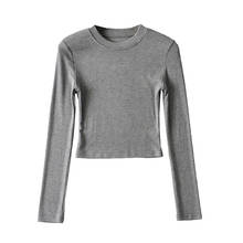 Camiseta lisa de algodón para mujer, top corto blanco informal, top corto de manga larga, Camiseta básica de Cuello redondo en negro y gris para otoño 2020 2024 - compra barato