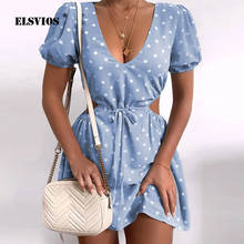 Summer New V-neck Polka Dot Printing Hollow Out Waist Short-sleeved Dress Women Elegant Party Mini Dress Spring Dresses Vestidos 2024 - buy cheap