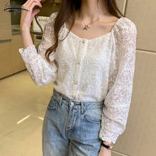 Blusa de encaje de ganchillo para mujer, camisa de manga larga coreana con cuello cuadrado bordado Floral, combina con todo, 2021 2024 - compra barato