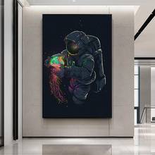 Quadros de arte fluorescente para sala de estar, divertidos, jogos de astronauta, água-viva no espaço, pintura em tela, pôsteres e impressões, imagens modernas de parede 2024 - compre barato