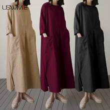 Elegant Dress Summer New Literary Outwear Temperament Long Sleeve Round Neck Pockets Solid Color Casual O-neck Dress 2024 - buy cheap