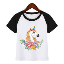 Camiseta divertida de unicornio y flores para niños, ropa Harajuku, camiseta de verano 2024 - compra barato