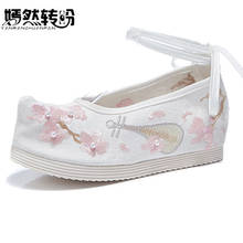 Mulheres de algodão plana senhoras tornozelo cinta conforto casual apartamentos retro floral chinês aleta bordado aumento sapatos de salto mulher 2024 - compre barato