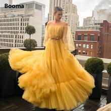 Booma Yellow Off the Shoulder Prom Dresses Long Sleeves Tiered Tulle Long Evening Dresses Waist Beaded A-Line Formal Party Gowns 2024 - buy cheap