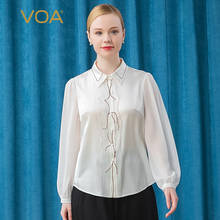 VOA Silk Milk White Elastic Satin Bright Line Embroidered Polo Collar  Breasted Three Silk Decorative Long Sleeve Shirt BE367 2024 - buy cheap