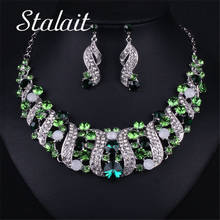 Vintage geométrico prata cor gargantilha feminino conjuntos de jóias colar brincos conjunto casamento nupcial verde strass turco jóias 2024 - compre barato