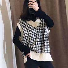 Spring/Autumn New Loose Oversized Knitted Ladies Sweater Vest Women Casual V-neck Plaid Sleeveless Sweaters Women Chic Tops 2020 2024 - buy cheap