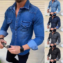 Camisas jeans masculinas de manga comprida, blusas jeans de botão único e de tamanho grande com 2024 - compre barato