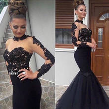 E JUE SHUNG Black Lace Appliques Long Evening Dresses 2020 High Neck Long Sleeves Formal Dresses Evening Gowns 2024 - buy cheap