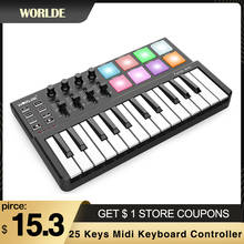 WORLDE-controlador de teclado Midi, dispositivo con 25 teclas, USB, 8 almohadillas de gatillo retroiluminadas RGB, Pedal Jack de 6,35mm, Piano 2024 - compra barato