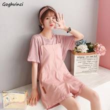 Women Sets Kawaii Striped Short Sleeve T-shirts Sweet Fresh High Waist Pockets Wide Leg Playsuits Korean Style Chic All-match 2024 - buy cheap