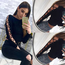 Women Fashion Sexy Long Sleeve Autumn  Crop Tops Bandage Hollow Out Soft Slim Black Tee Short Shirts 2024 - buy cheap