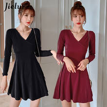 Jielur 2021 New V-Neck Dresses Slim Long Sleeves Belt Bottoming Dress All-match Solid Color A-Line Black Women Vestidos De Festa 2024 - buy cheap