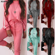 Xuancool 2021 conjunto de duas peças roupa de treino feminino cetim lado listrado topo e calças conjunto casual streetwear roupas ropa de mujer 2024 - compre barato