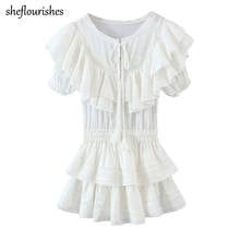 Summer mini dress women vintage puff sleeve dresses white ruffle dress kawaii lace patchwork dresses korean o neck dress lace up 2024 - buy cheap