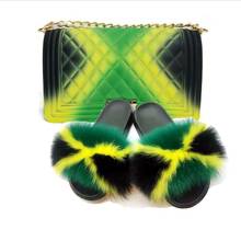 2020 Women Fur Slippers Jelly Bag Purse Set Home Fluffy Fur Slides Handbag With Slides Real Fox Fur Slides Female Shoulder Bag 2024 - buy cheap