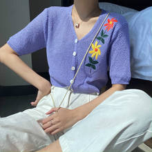 Cardigã feminino fino com decote em v, blusa feminina, tricô, bordado, floral, verão, casaco curto 2024 - compre barato