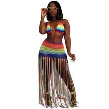 Summer 2 Piece Sets Womens Outfits Sexy Crop Top And Hollow Out Skirt Set 2020 Fashion Tassel Tracksuit See Through Beach Sets 2024 - buy cheap