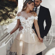 New Off The Shoulder Wedding Dress 2021 Short Champagne Appliqued Lace Bride Dresses Knee Length Backless Wedding Gowns 2024 - buy cheap