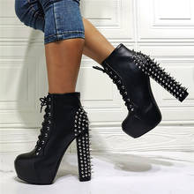 Punk Style Metal Rivets Studs Sequare Heel Lace Up Ankle Boots High Platform Round Toe Black Leather High Heels Motorcycle Boots 2024 - buy cheap