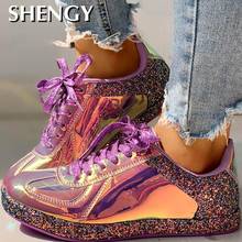 Women Fashion Glitter Colorblock Lace-up Sneakers  Flat Ladies Vulcanized Shoes Beathable Lace Up Outdoor Sport Running Shoes 2024 - buy cheap