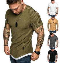 Мужская плиссированная футболка, облегающая однотонная Повседневная футболка с круглым вырезом и коротким рукавом, лето 2020 2024 - купить недорого