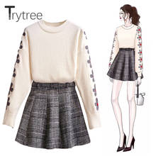 Trytree Autumn Winter Casual two piece Women Sets Embroidery Floral Sweater + Mini Plaid Shorts Skirt Zip Belt Sweet 2 Piece Set 2024 - buy cheap