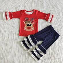 Оптовая продажа, Детская эксклюзивная одежда, Рождественский красный олень, с длинными рукавами и оборками, наряд для маленьких девочек, джинсовые хлопковые брюки, Детский комплект 2024 - купить недорого