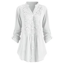 Casual feminino cor sólida laço retalhos decote em v botões manga comprida blusa camisa 2024 - compre barato