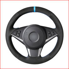 Capa de volante de carro marcador azul claro, camurça preta, capa para bmw e60 530d 545i 550i e61 2005-2011 e63 e64 630i 645ci 650i 2024 - compre barato