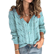 Solid hollow knitted cardigan Long sleeve v neck button down sweater blue pink gray black jumper 2024 - buy cheap