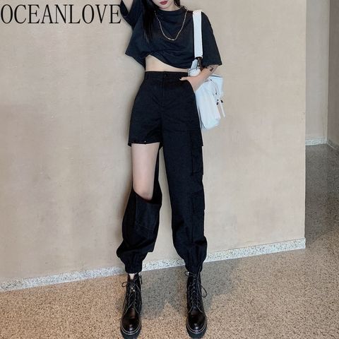 OCEANLOVE Black Cargo Pants Women Solud Holes High Waist Streetwear Ropa Mujer Vintage Buttons Fashion 2020 Cool Trousers 17346 2022 - buy cheap
