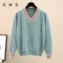 2020 Women Winter Vneck Sweaters Warm Thick stripe Pullover Cashmere mohair Jumpers Soft Casual Knitwear Sweater Pull Femme 2024 - buy cheap