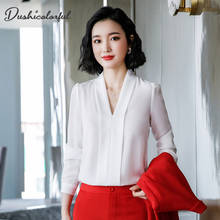 Dushicolorful 2019 Fall Fashion Sexy V Neck Womens Tops And Blouses Formal White Long Sleeve Chiffon Shirt Office Ladies Top 2024 - buy cheap