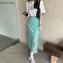 Saias femininas verde side slit design puro elegante ins all-match faculdade ulzzang chique charme simples casual verão planície respirável 2024 - compre barato