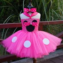 Vestido rosa con tutú de Minnie para niñas, vestido de tul de ganchillo con puntos negros y lazo para el pelo, traje de fiesta de cumpleaños para niños 2024 - compra barato