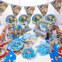 Decorações para festa com tema de toy story disney, balões, enfeites de festa, chapéus, tabuleiro, prato de toy story, copo, bandeira, conjunto descartável 2024 - compre barato