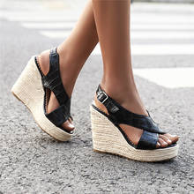 YMECHIC Fashion Stone Pattern Cross Strap Peep Toe Wedges Woman Shoes High Heels Black Platform Gladiator Sandals Women 34-43 2024 - buy cheap