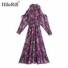 HiloRill Boho Floral Long Dress Women Off Shoulder Elegant Pleated Dresses Stand Collar Ruffles Chiffon Dress 2021 Autumn Spring 2024 - buy cheap