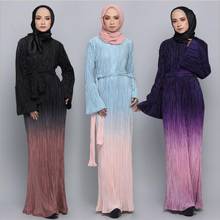 Full length Gradient rainbow printed pleated Muslim dress stretch muslim abayas dubai islamic was thin abayas with belt F1607w 2024 - buy cheap