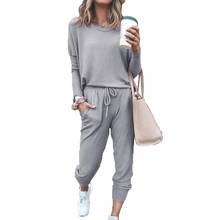 Fashion 2Pcs Casual Women Solid Color O Neck Long Sleeve Shirt Drawstring Pants Bandage Tracksuit 2024 - buy cheap