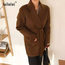 Women Elegant Shot Wool Coat With Belt Solid Color Long Sleeve Chic Outerwear Ladies Overcoat Autumn Winter 2020 2024 - buy cheap