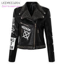 2021 Personalized fashion PU leather jacket Letter print lapel leather coat Punk style rivet motorcycle leather jacket women 2024 - buy cheap