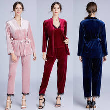 Sexy pijamas feminino outono e inverno de manga comprida camisola suspensórios três peças terno de veludo de ouro vermelho casamento serviço de casa 2024 - compre barato