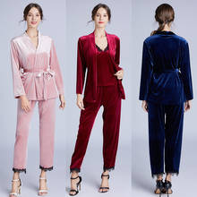 Pijamas sexys para mujer, camisón de manga larga con tirantes, traje de tres piezas, terciopelo dorado, rojo, para boda y servicio a domicilio, Otoño e Invierno 2024 - compra barato