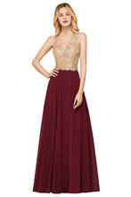 Real Photo Burgundy Long A Line Evening Dresses 2020 Sheer Back Gold Applique Evening Gown Formal Dress Prom robe de soiree 2024 - buy cheap