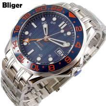BLiger 41mm GMT 3804 Automatic watch men sapphire glass waterproof blue dial date ceramic bezel SS bracelet red marks B312 2024 - buy cheap