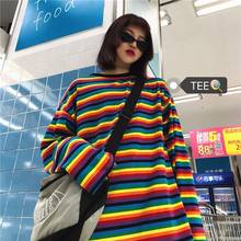 NiceMix tshirt women o-neck tees  shirt long sleeve Harajuku streetwear Korean Causal loose rainbow striped T-shirt for women 2024 - buy cheap