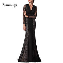 Ziamonga Long Sleeve Floral Lace Maxi Dress Bodycon V-Neck Full Length Stretchy Autumn Winter Long Evening Party Dress Black Red 2024 - buy cheap